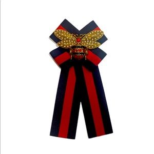 Designer inspired Blue and Red bee bow brooch